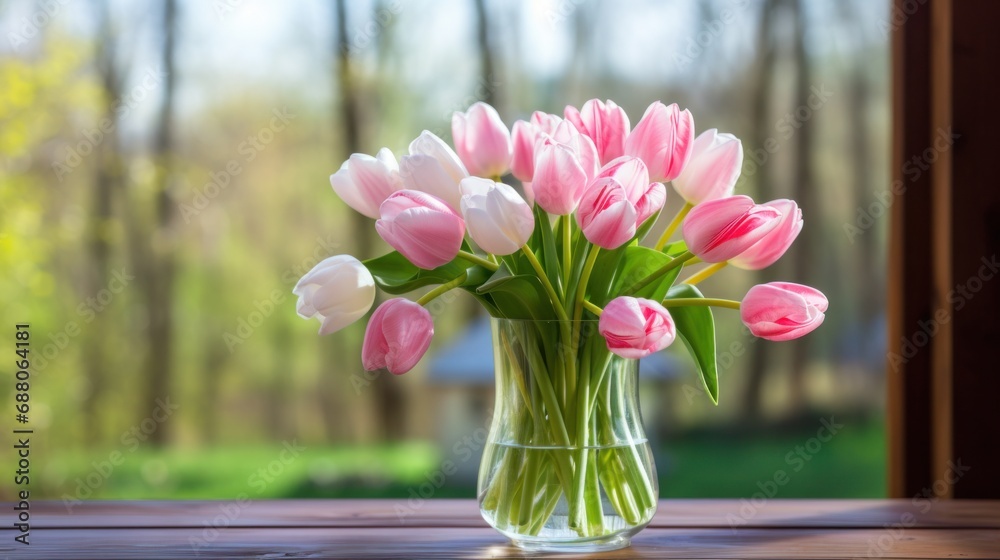 An arrangement of pink and white tulips in a glass vase on a wooden table An arrangement of pink and white tulips in a glass vase on a wooden table