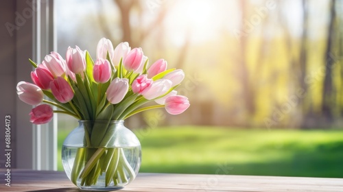 An arrangement of pink and white tulips in a glass vase on a wooden table