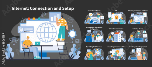 Wi-Fi network dark or night mode set. Specialist setting up, developing and maintaining wireless fidelity equipment. Secure connection configuration. Flat vector illustration