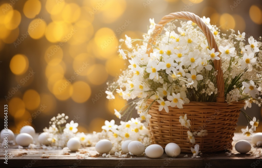 an easter basket filled with eggs and flowers,
