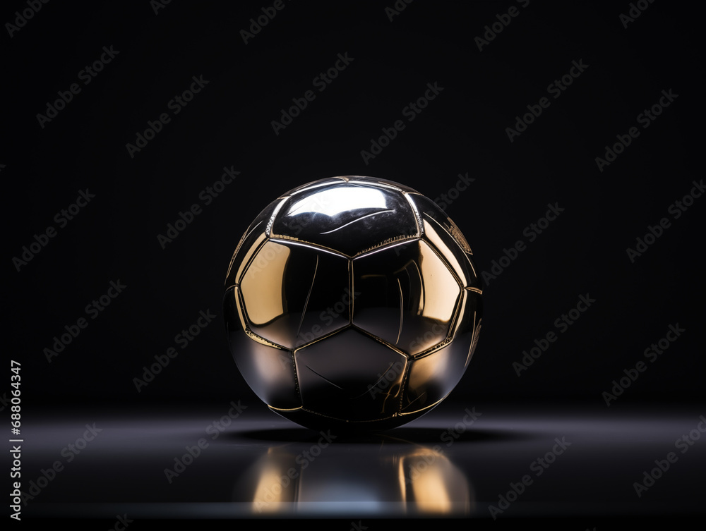 Silver soccer ball, metallic soccer ball on dark background, shiny football ball