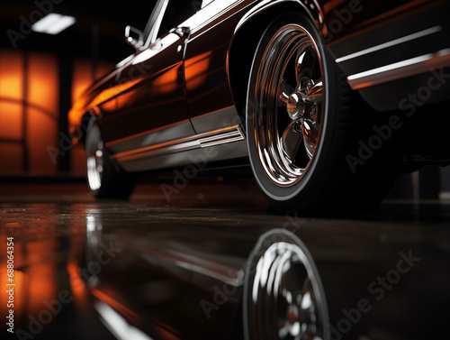 Reflection of vintage car ,car wheels close up, Car tires, Car wheel worm eyes view, black car © Jira