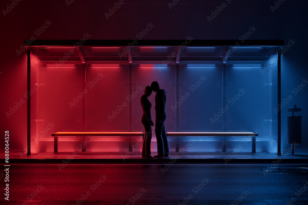 Silhouetted Embrace: Couple at Neon-Lit Urban Bus Stop by Night