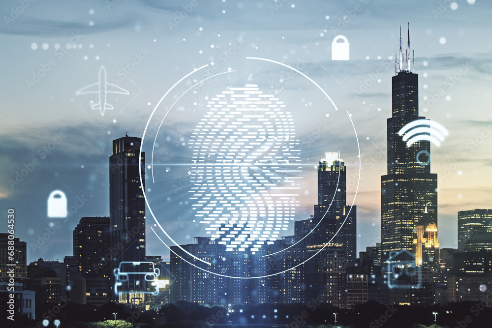 Multi exposure of virtual creative fingerprint hologram on Chicago skyscrapers background, personal biometric data concept