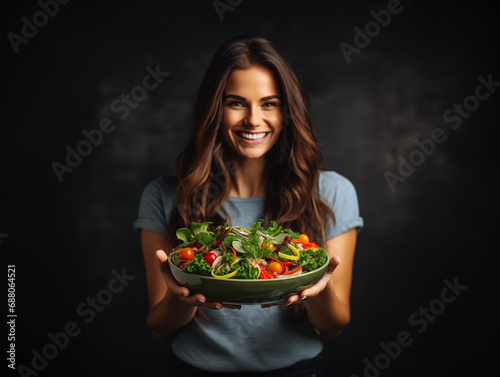 Beautiful woman eating vegetable salad over dark background, diet and healthy food concept