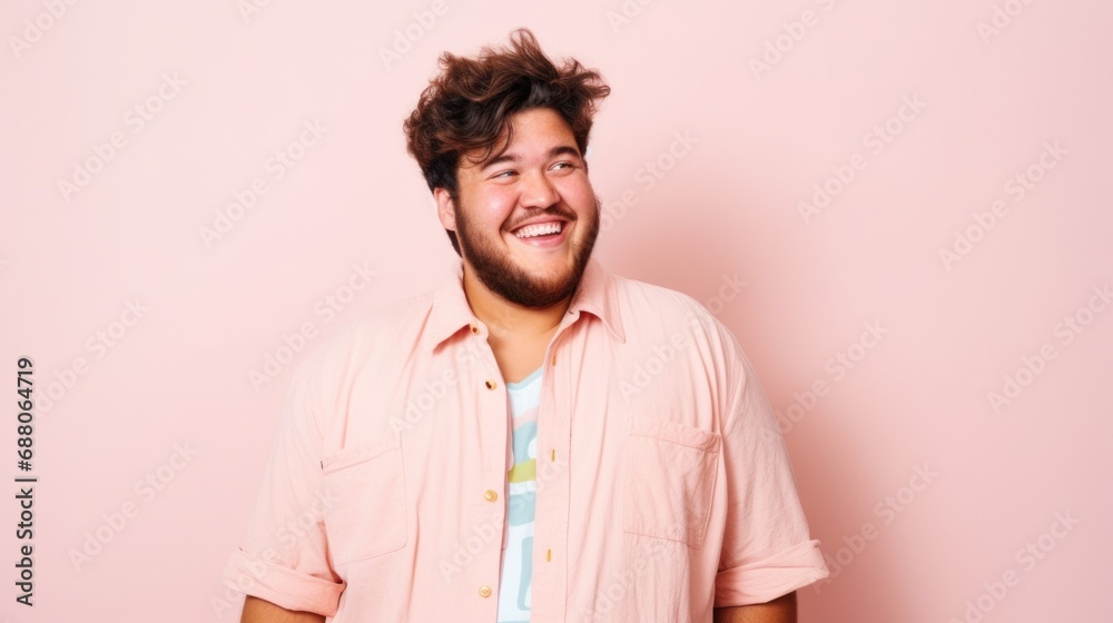 Closeup capture of a joyful plus-size man in fashionable pastels against a light beige pink background. Closeup capture of a joyful plus-size man in fashionable pastels against a light beige pink background.
