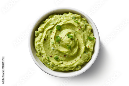 Guacamole in souce bowle on white background, top view 