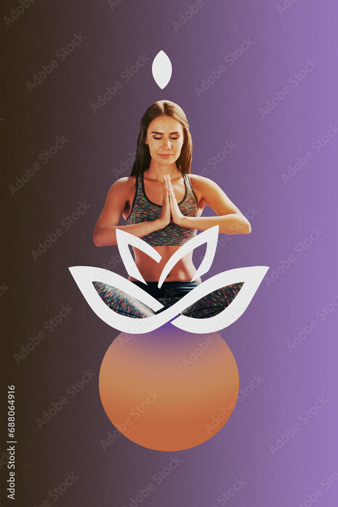 Φωτογραφία Creative trend collage of funny young female meditation yoga lotus posing flower