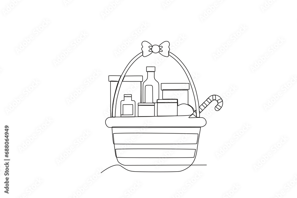 Single continuous line drawing of Christmas basket. Daily food concept. Modern one line draw design vector illustration for shop or food delivery service
