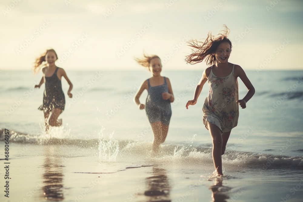 Youthful Exuberance by the Sea: Girls Running, Splashing, and Laughing in the Waves, Capturing the Playful Energy of a Fun and Carefree Summer Day
