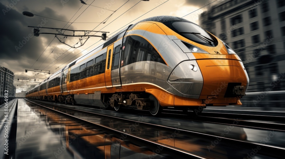 an orange and silver train speeding down the train tracks, an orange and silver train speeding down the train tracks,
