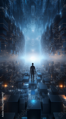 Silhouette of scifi human computer engineer in a computer world. Poster about futuristic virtual cyber server in a quantum world. conceptual art for sci-fi fantasy. Man lost in Dark blue tech maze
