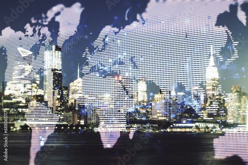 Multi exposure of abstract graphic world map on Manhattan cityscape background  big data and networking concept