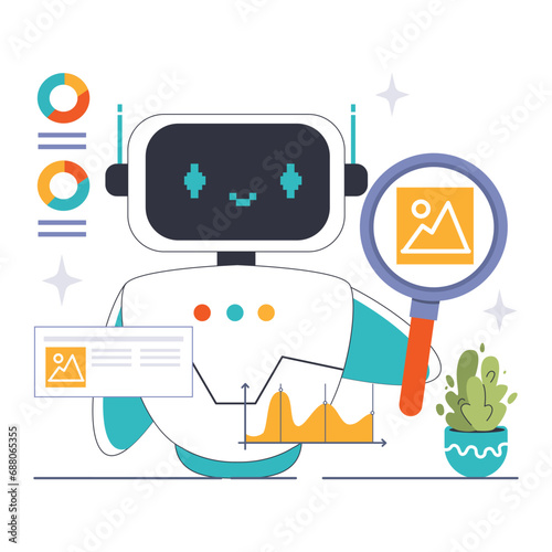 Convolutional Neural Network theme. Friendly robot analyzing image data, showcasing deep learning process. Image recognition, data interpretation. Flat vector illustration.