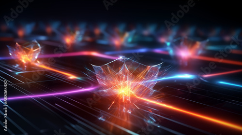 Quantum information processing concept. Quantum computing for powerful data elaboration. central processing unit, glowing 3d cpu. Superconducting qubits, net of photons particles. AI circuitry tech