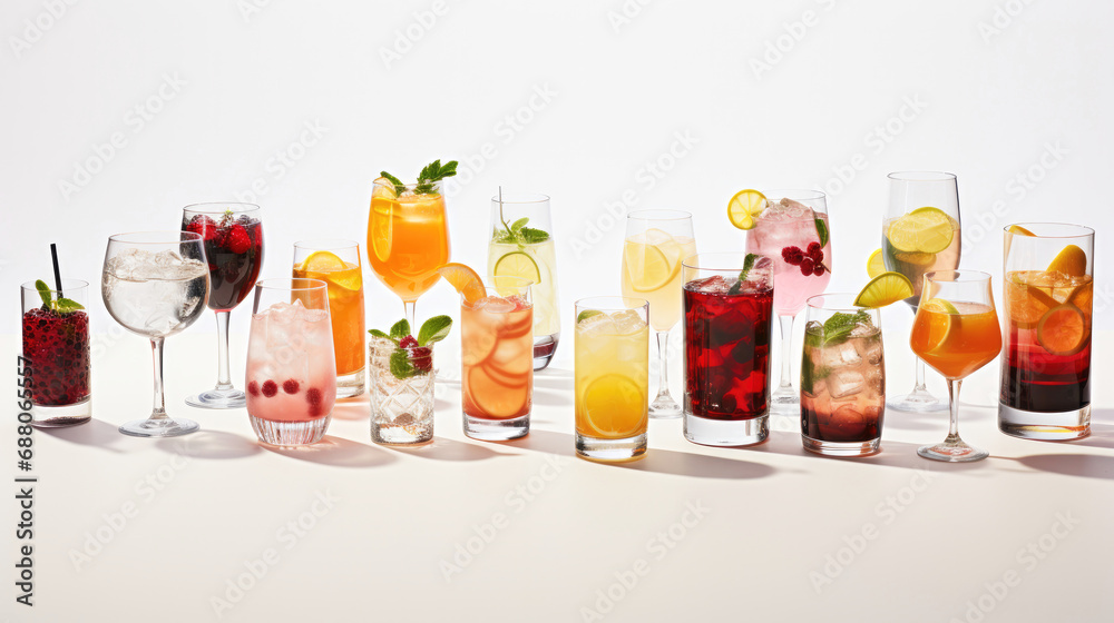 A diverse set of colorful alcoholic drinks placed in a line on a stylish white background, generative ai A diverse set of colorful alcoholic drinks placed in a line on a stylish white background, generative ai