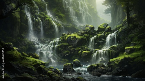 A graceful waterfall cascading down moss-covered rocks  surrounded by verdant greenery that fades into a soft blur in the distance