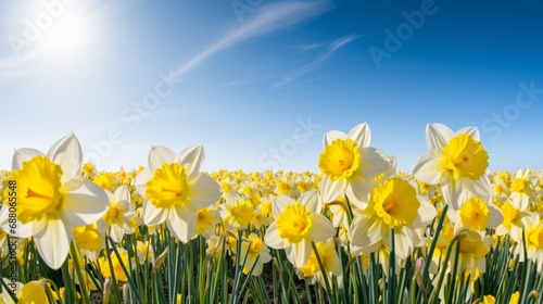 a field of daffodils in full bloom, their sunny yellow petals creating a cheerful and inviting floral landscape against a pure white backdrop.