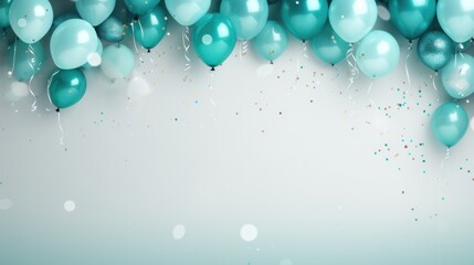 background birthday border with balloons and party hats, light teal
