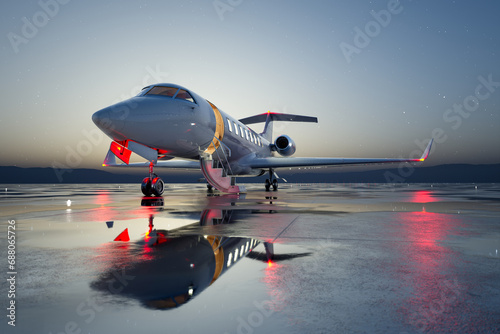 Luxurious Private Jet Poised for Night Departure on Reflective Tarmac photo