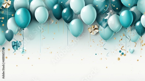 background birthday border with balloons and party hats, light teal