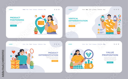 Product differentiation web or landing set. Product competitive advantages. Price and quality Brand recognition and market niche definition. Flat vector illustration