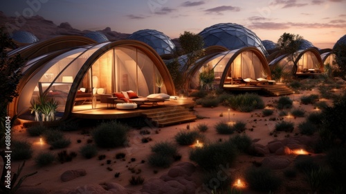 Eco-friendly eco-lodge with eco-friendly houses in a desert landscape. Ecotourism concept and environmental protection