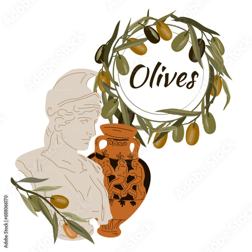 Food label design and packaging label for olives with antique god marble statue and olive branches wreath, flat vector isolated on white background. Decorative elements for brand identity.