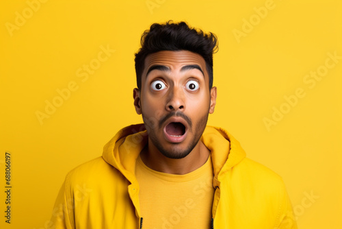 Shocked surprised young Indian man isolated on yellow background © Ahmed