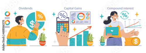 Reinvestment set. Investors explore dividends, assess capital gains, and understand compound interest. Money growth strategies. Financial analysis tools. Flat vector illustration photo