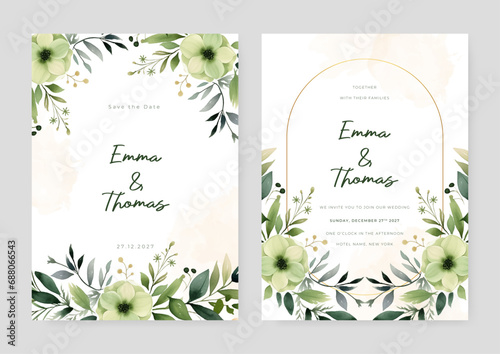 Green cosmos beautiful wedding invitation card template set with flowers and floral