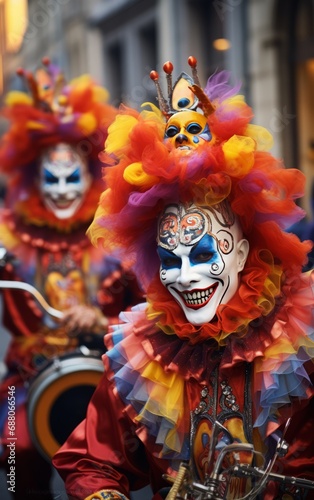 Whimsical Clowns Dressed in Rainbow Colors for Carnival