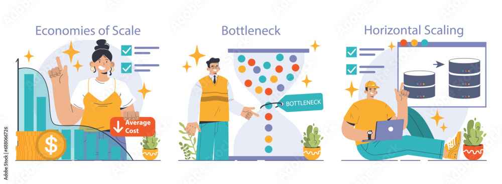 Scaling Strategy concept. Steps to successful business growth, featuring target achievement and efficiency. Business development, market reach, and cost-effective operations. Flat vector illustration