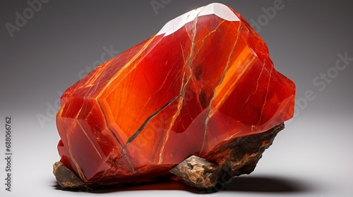 a fiery orange-red stone, set against a clean white surface, capturing its vibrant energy and warm tones in a visually appealing composition.