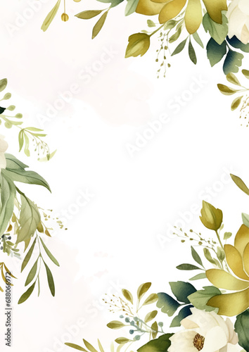 White and green watercolor hand painted background template for Invitation with flora and flower