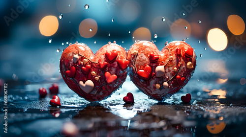 Two glass hearts in water. Valentines day background. Love concept. Generative AI technology.