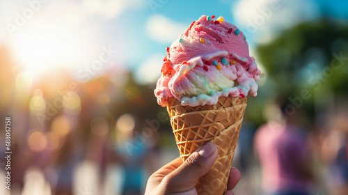 Savoring the Essence of Summer: A Person Enjoys a Colorful Ice Cream Cone, Capturing Simple Pleasures and Joyful Moments