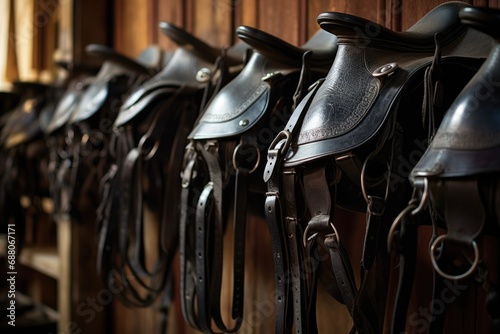 Black Saddles in Tack Room: A Close-up View of Control