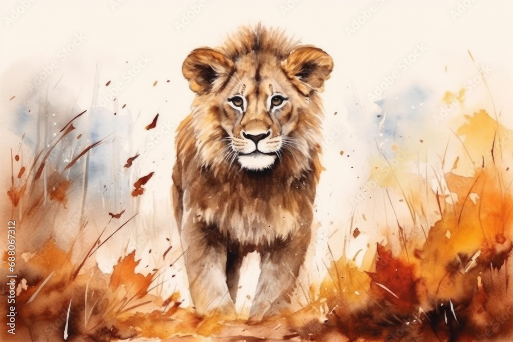 Cute Lion in the Heart of the Savanna. Watercolor Painting of a Lion, a Wild and Majestic African Mammal