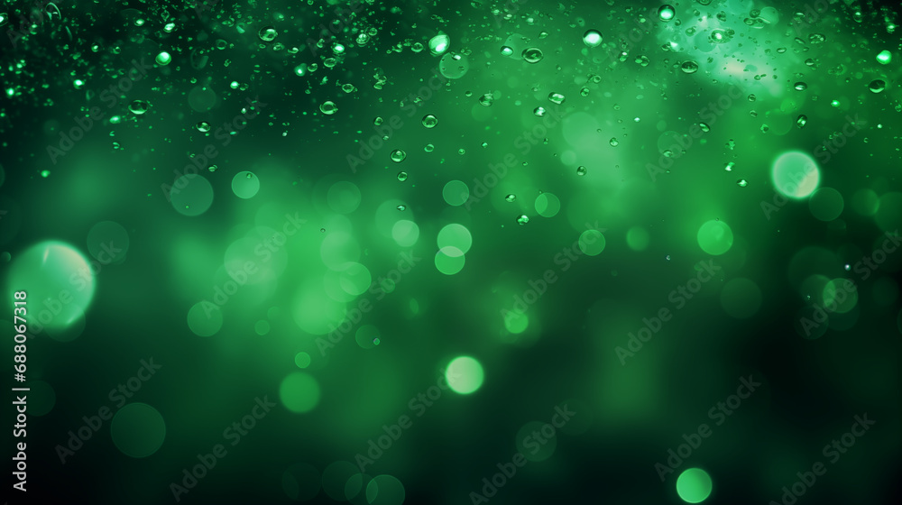 Abstract green and emerald, malachite bokeh water splashes and bubbles background wallpaper. Blurred shiny, glowing festive backdrop for xmas, party, holiday, birthday, invitation.