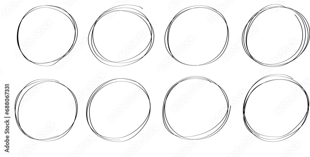 Hand drawn circle line sketch set. Vector circular scribble doodle round circles for message note mark design element. Pencil or pen graffiti bubble or ball draft illustration - obrazy, fototapety, plakaty 