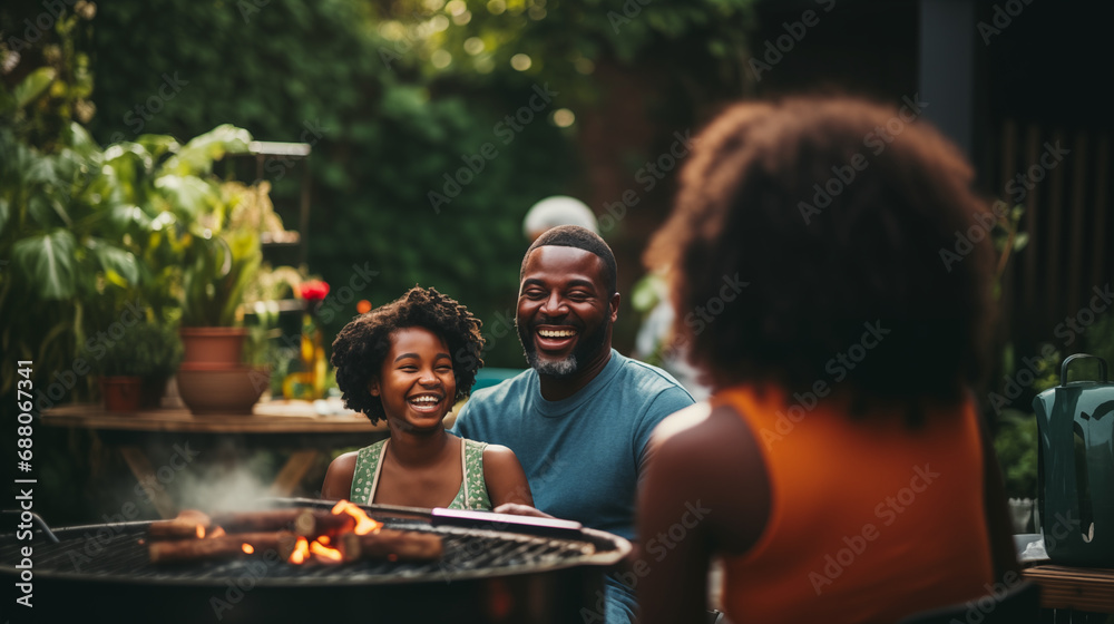 A family having a barbecue in their backyard, sharing laughs, African American Family, bokeh, with copy space
