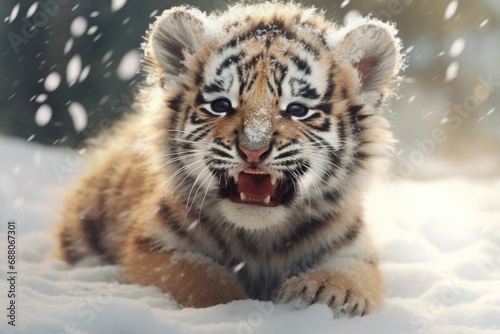 Cute Tiger Cub Enjoying Winter Playtime in Snowy Wonderland Image of Adorable Animal. Perfect for Christmas and Fantasy Themes