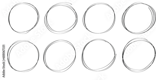 Hand drawn circle line sketch set. Vector circular scribble doodle round circles for message note mark design element. Pencil or pen graffiti bubble or ball draft illustration photo