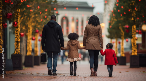 A family of four walking hand in hand down a city street, African American Family, bokeh, with copy space