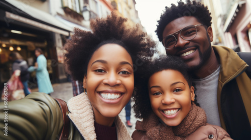 A family taking a selfie during a day out in the city, African American Family, bokeh, with copy space