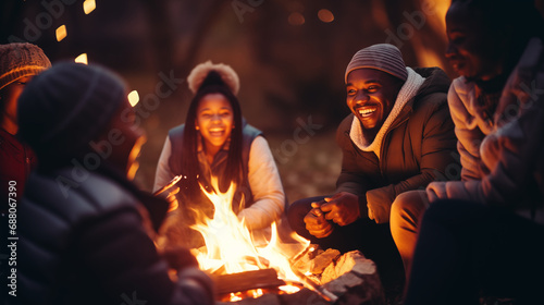 A family gathered around a campfire, telling stories and roasting marshmallows, African American Family, bokeh, with copy space