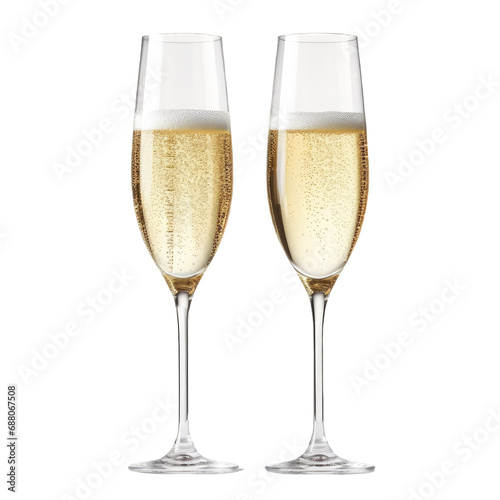 Two glasses of champagne with bubbles isolated on a cutout PNG transparent background © Ivan Guia