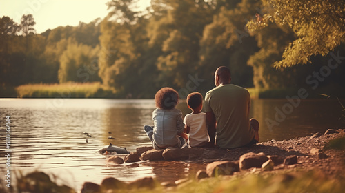 Parents teaching their children how to fish on a peaceful lake, African American Family, bokeh, with copy space
