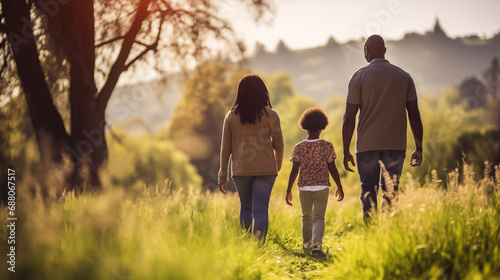 A family on a nature walk, exploring and enjoying the outdoors, African American Family, bokeh, with copy space © Катерина Євтехова